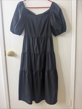 Black Puff-Sleeve Tiered Midi Dress